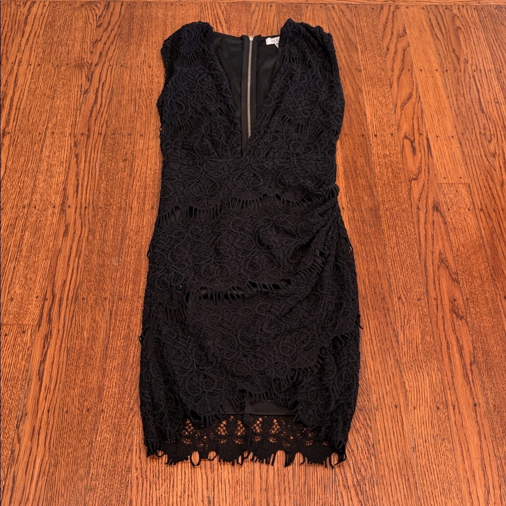 Glam Tobi Black Lace Mini Dress – Deep V Plunge – Faux Wrap Skirt– Size Small